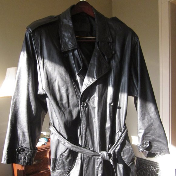 Men's black Leather Coat Sz L - Picture 1 of 15